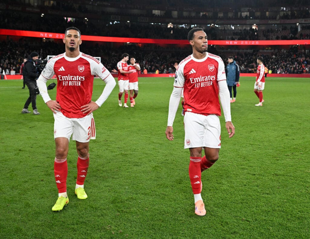 William Saliba and Gabriel Magalhaes of Arsenal after the Premier League match between Arsenal and Brighton & Hove Albion at Emirates
