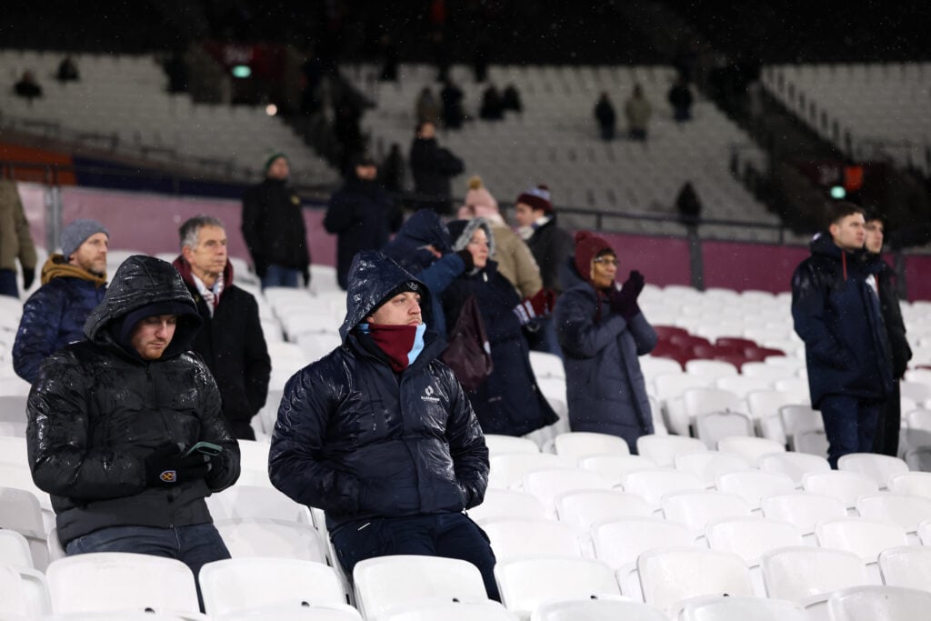 West Ham fans look dejected after watching their team lose to Nottingham Forest in the Premier League.