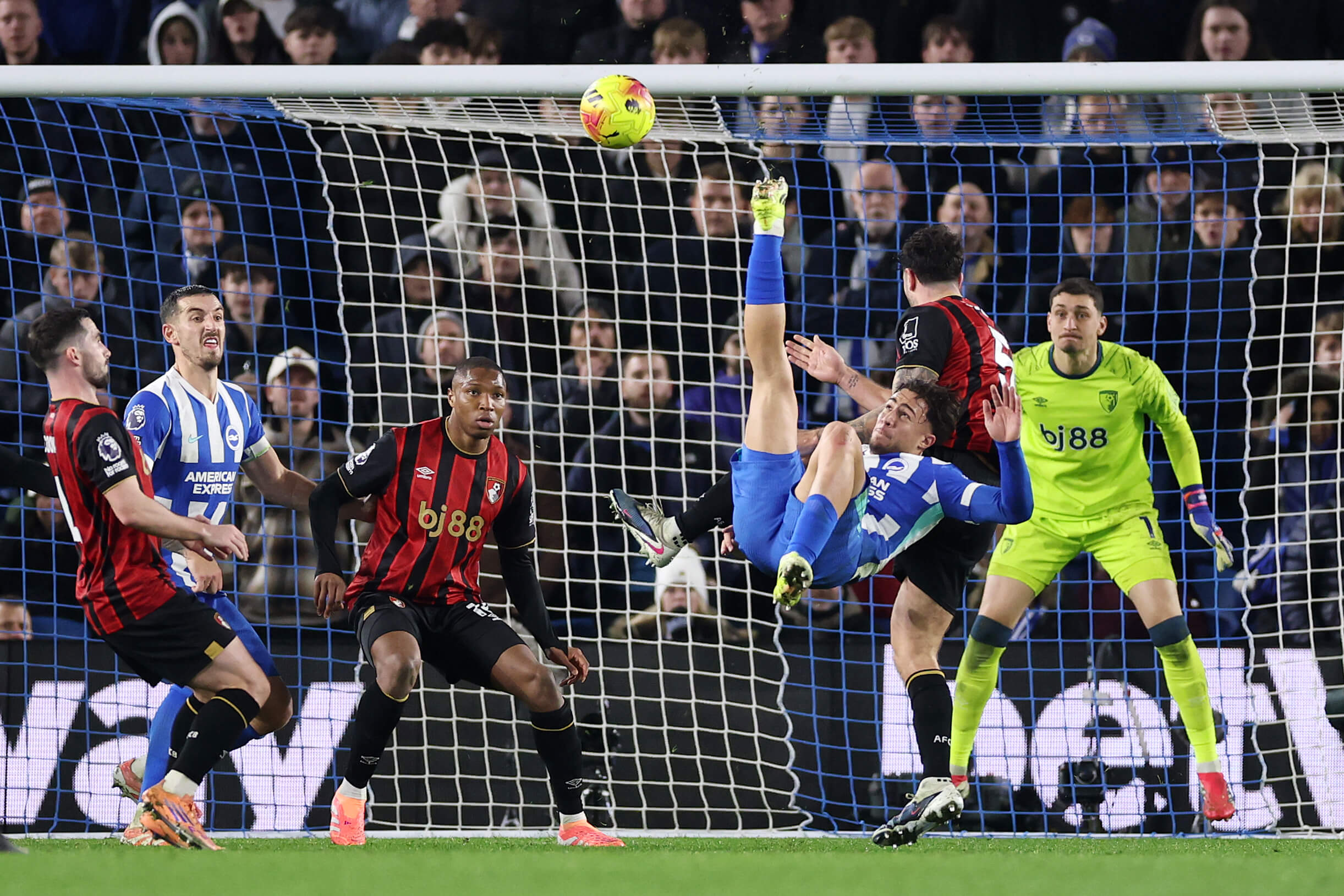 Brighton & Hove Albion's Charalampos Kostoulas scores with a bicycle kick against Bournemouth 