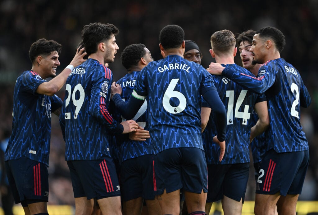 Arsenal players including Kai Havertz celebrate a goal