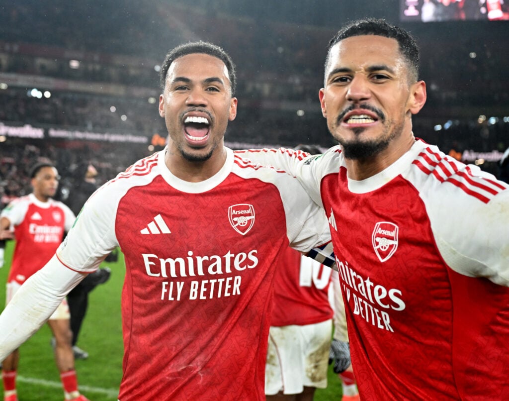Arsenal defenders (L-R) Gabriel Magalhaes and William Saliba celebrate after the Carabao Cup Semi Final Second Leg match between Arsenal and Chelsea at Emirates Stadium.
