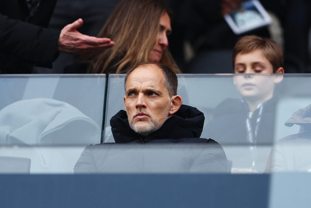 England manager Thomas Tuchel is seen in the stands prior to the Premier League match between Fulham and Everton at Craven Cottage in 2026 in London, England.