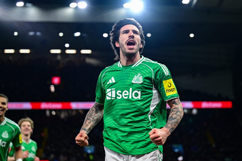 Newcastle United midfielder Sandro Tonali celebrates scoring against Aston Villa in the FA Cup.