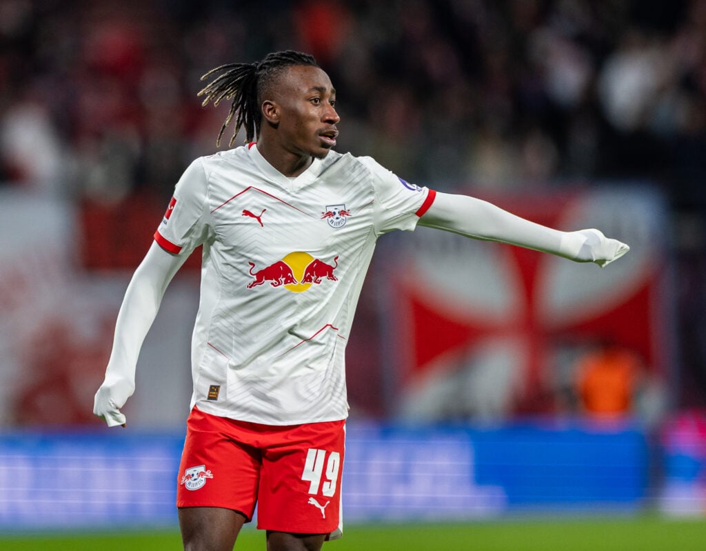 Yan Diomande of RB Leipzig gestures during the Bundesliga match between RB Leipzig and VfL Wolfsburg