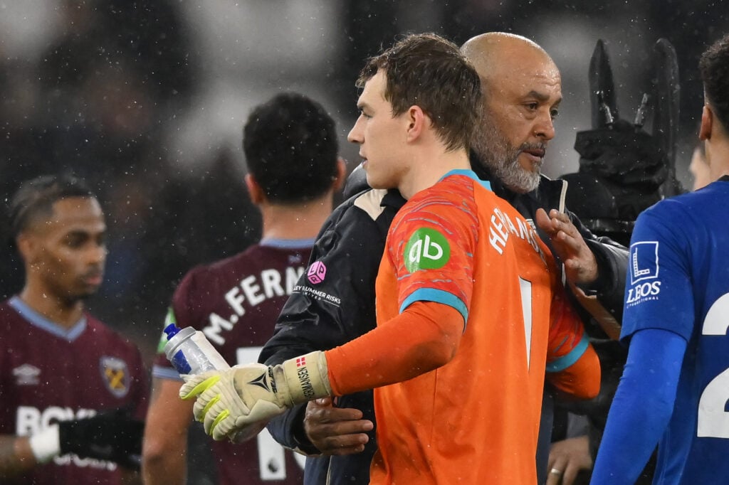 Nuno Espirito Santo and Mads Hermansen embrace after West Ham United draw with Bournemouth.