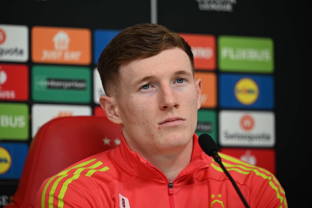 Elliot Anderson attends a press conference ahead of the Europa League match between Nottingham Forest and Fenerbahce in Nottingham, England in 2026.