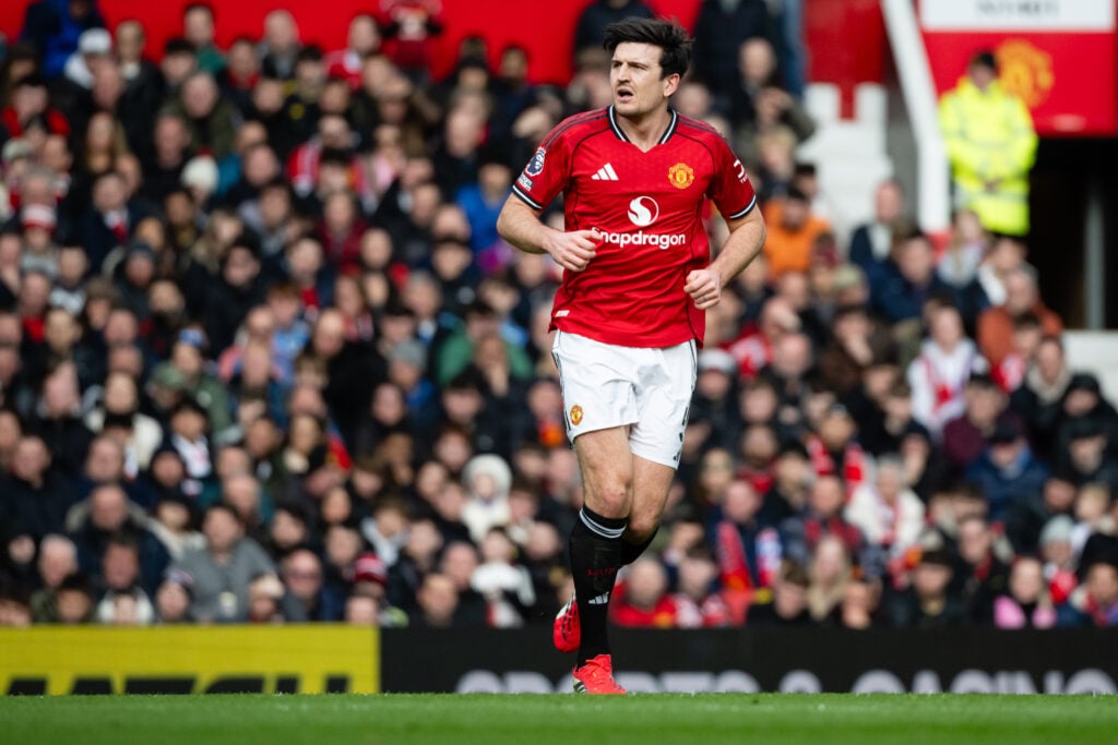 Harry Maguire in action during the Premier League match between Manchester United and Crystal Palace at Old Trafford in 2026 in Manchester, England.