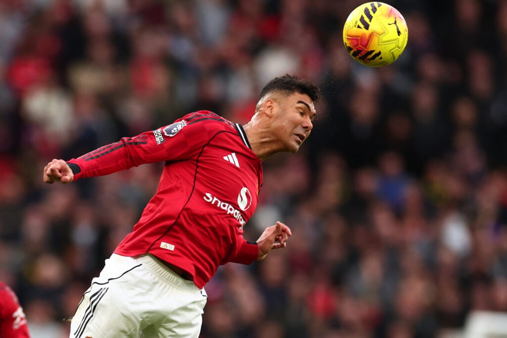 Casemiro heading the ball against Crystal Palace