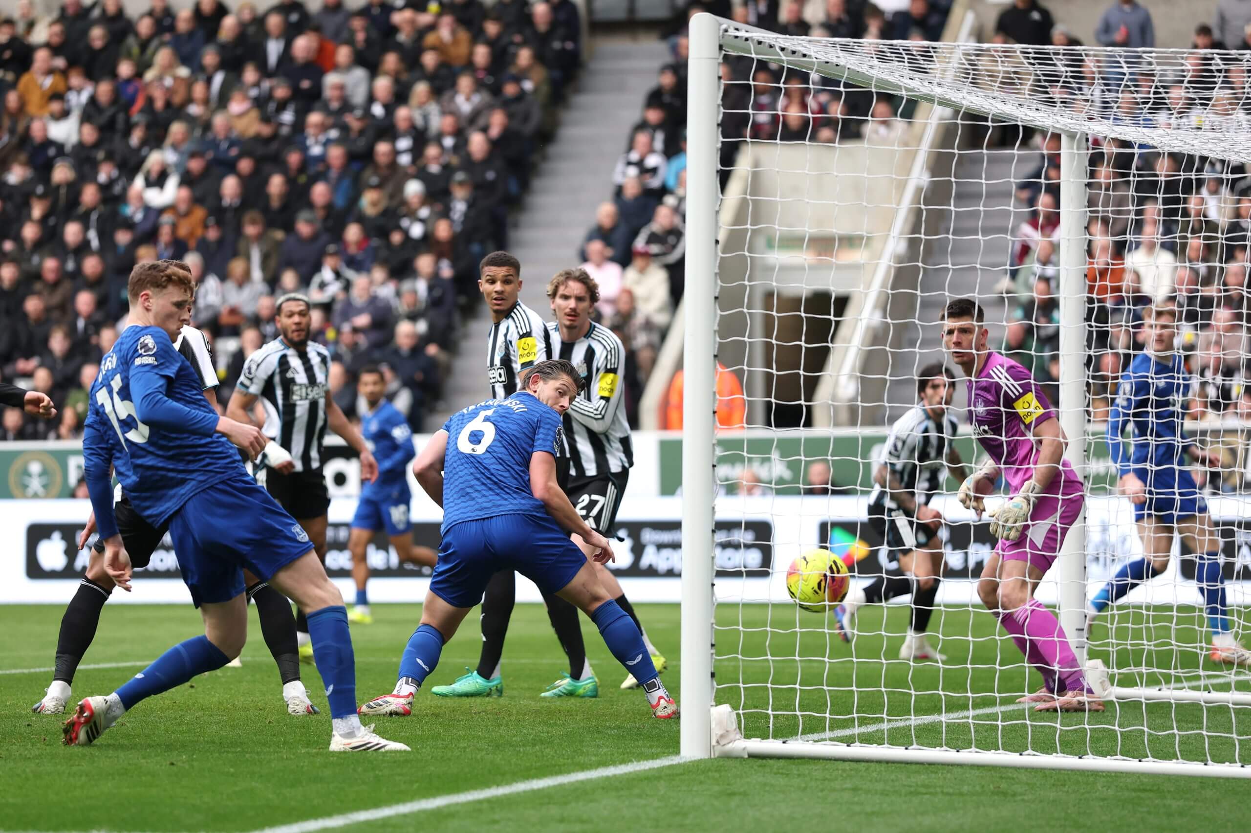 Jarrad Branthwaite looks back to see his near-post header drift inside the far post