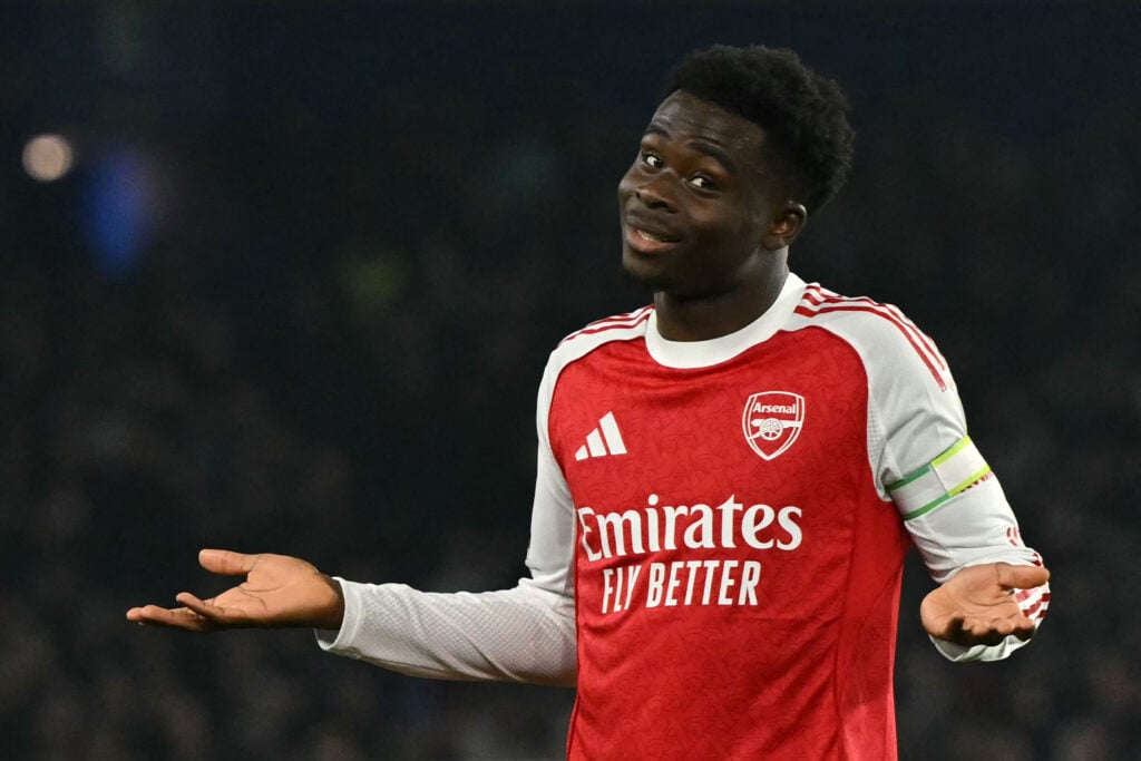 Bukayo Saka celebrates after scoring for Arsenal