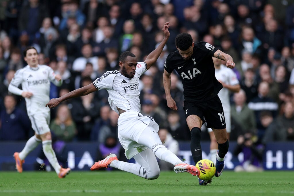Issa Diop tackles Dominic Solanke during Fulham v Tottenham Hotspur - Premier League