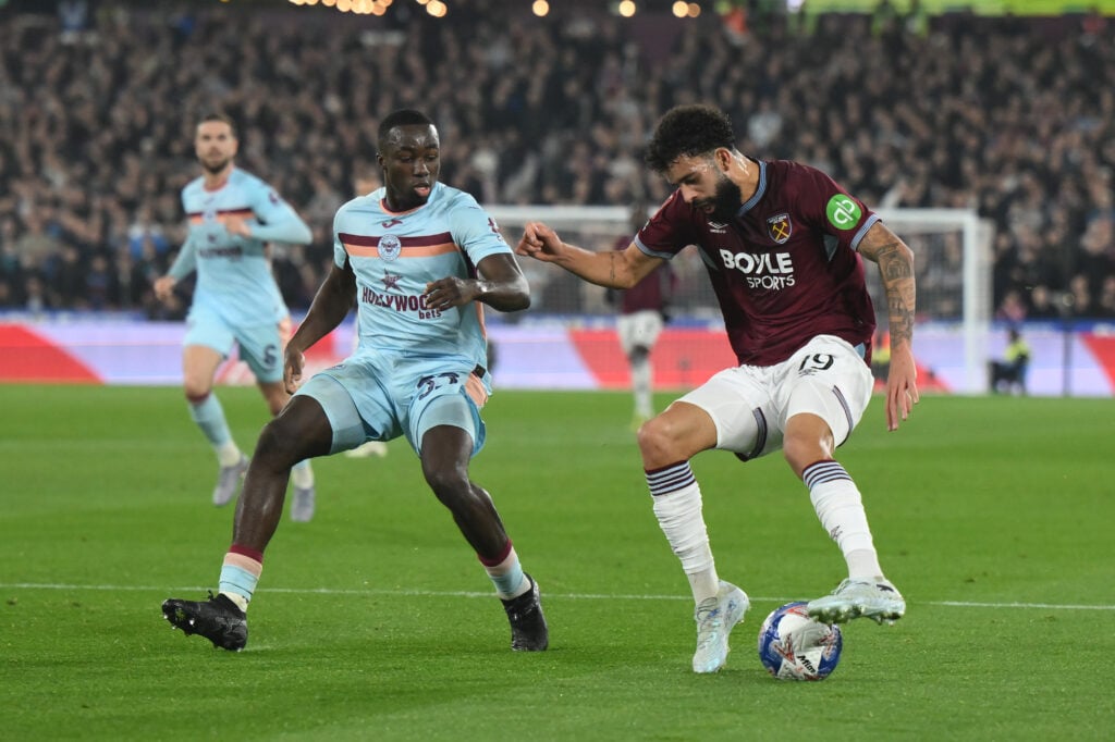 Pablo Felipe playing for West Ham United against Brentford.