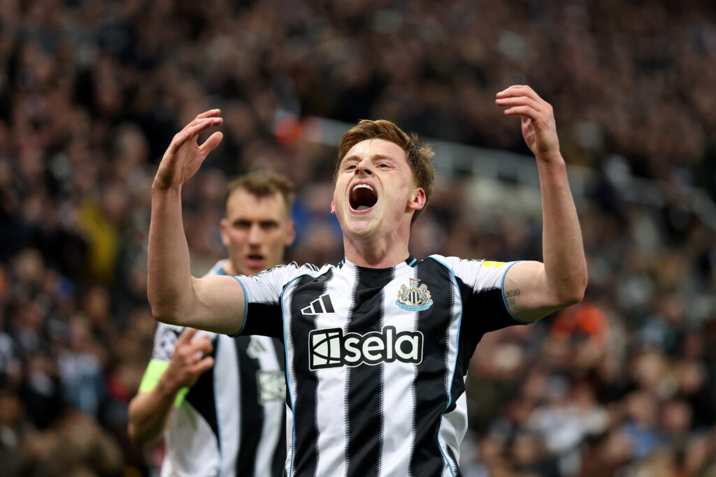 Harvey Barnes celebrates after scoring for Newcastle United against FC Barcelona.