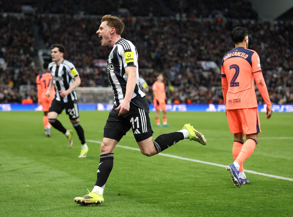 Harvey Barnes celebrates after scoring for Newcastle United against Barcelona.