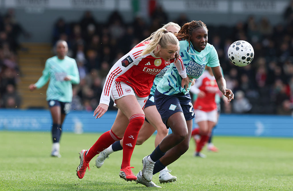 Stina Blackstenius of Arsenal Football Club and Wassa Sangare of London City Lionesses during the Barclays Women's Super League match between London City Lionesses and Arsenal at Copperjax Community Stadium on March 15, 2026 in Bromley, England.