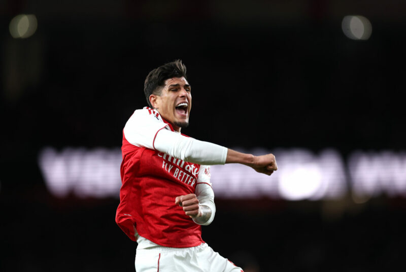 Piero Hincapie of Arsenal celebrate his sides first goal scored by Viktor Gyokeres (Not Pictured) during the Premier League match between Arsenal a...