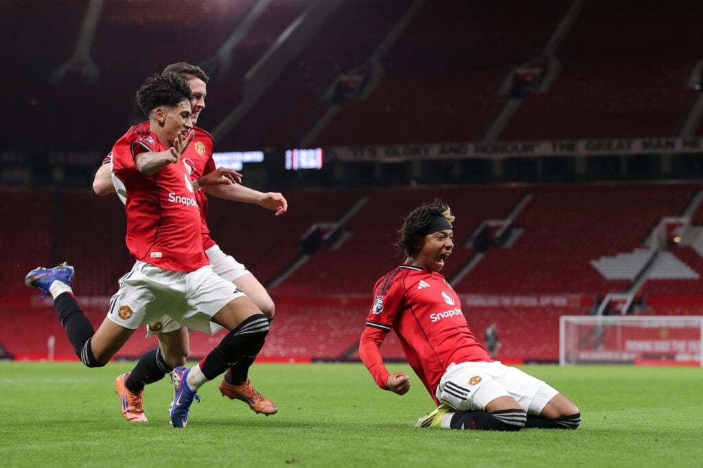 JJ Gabriel and Junior Brown celebrate for Manchester United.