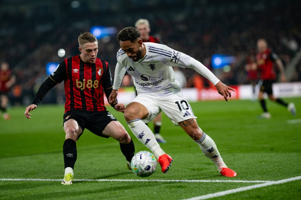 Matheus Cunha controls the ball during the Premier League match between Bournemouth and Manchester United at the Vitality Stadium in 2026 in Bournemouth, England.