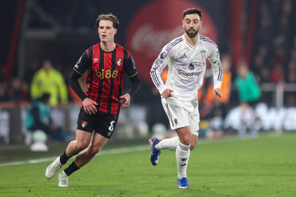 Alex Scott and Bruno Fernandes in action during Bournemouth vs Man United.