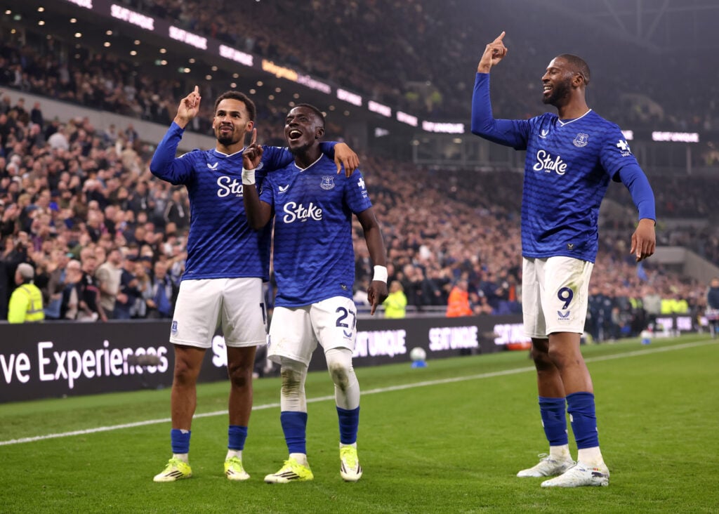 Everton players celebrate after scoring against Chelsea in their Premier League match at the Hill Dickinson Stadium