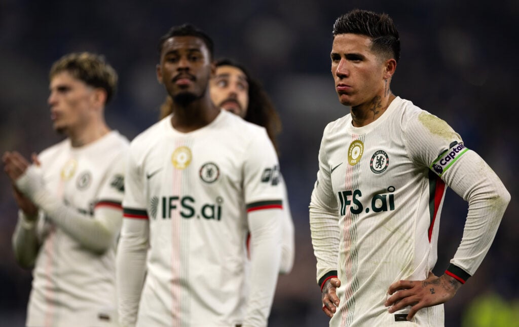 Enzo Fernandez of Chelsea appears dejected alongside team mates Jorrel Hato, Marc Cucurella and Alejandro Garnacho