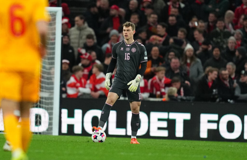 Mads Hermansen (Denmark) controls the ball during during Semi-final FIFA World Cup Qualification: Denmark and North Macedonia