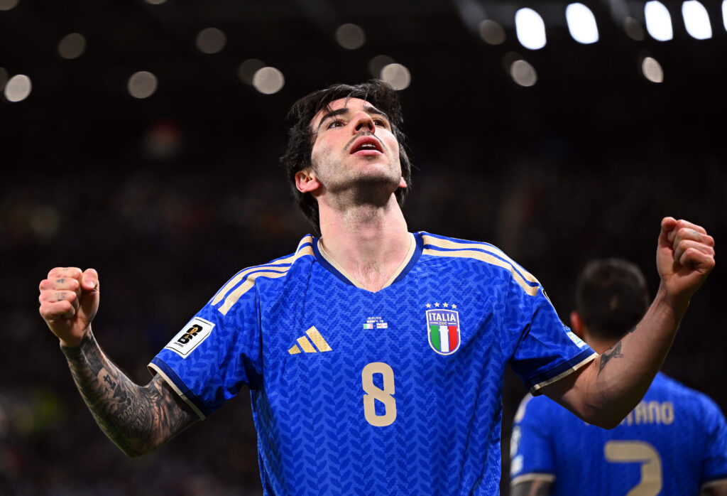 Sandro Tonali celebrates scoring Italy's first goal against Northern Ireland in a World Cup qualifier.