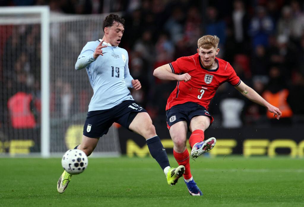 Lewis Hall playing for England against Uruguay.