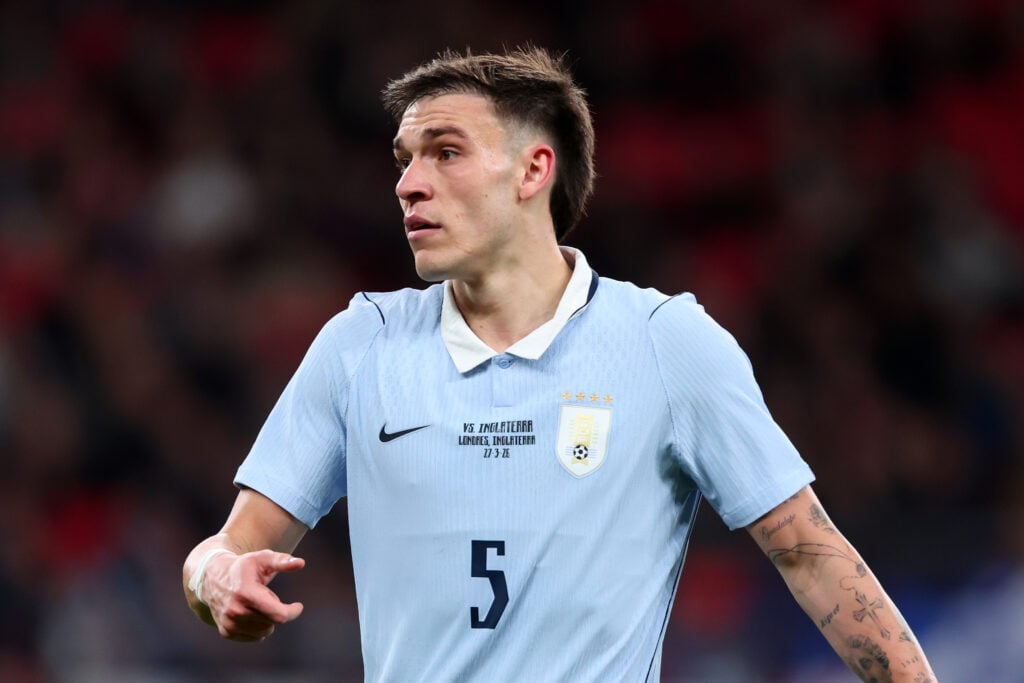 Manuel Ugarte during the international friendly match between England and Uruguay at Wembley Stadium in 2026 in London, England.
