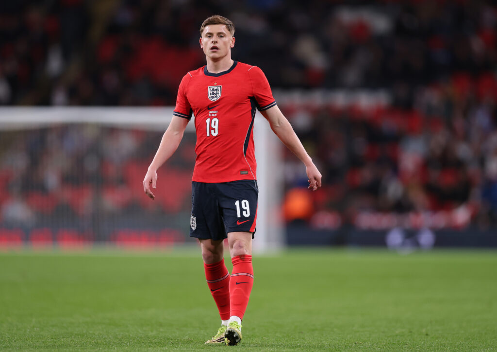 Harvey Barnes playing for England against Uruguay.