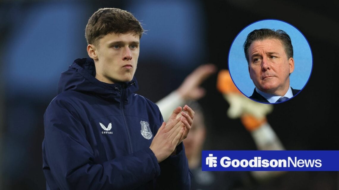 Harrison Armstrong of Everton thanks the supporters after the Premier League match between Fulham and Everton, Dan Friedkin in inset.
