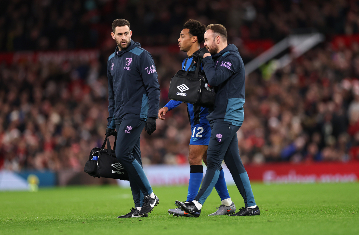 Tyler Adams leaves the pitch at Old Trafford after sustaining an injury. 