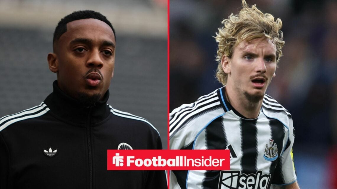 Newcastle midfielder Joe Willock stares across a split image towards Nick Woltemade, who is in action during a game.