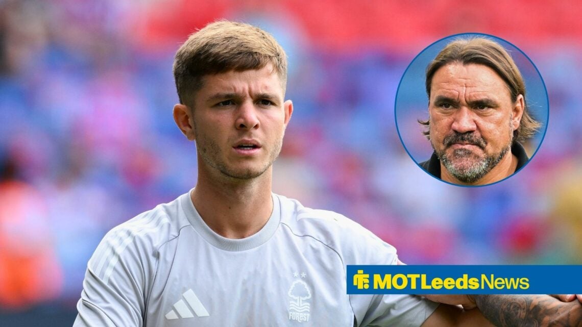 Nottingham Forest midfielder James McAtee as main image with Leeds United manager Daniel Farke in circular inset on right