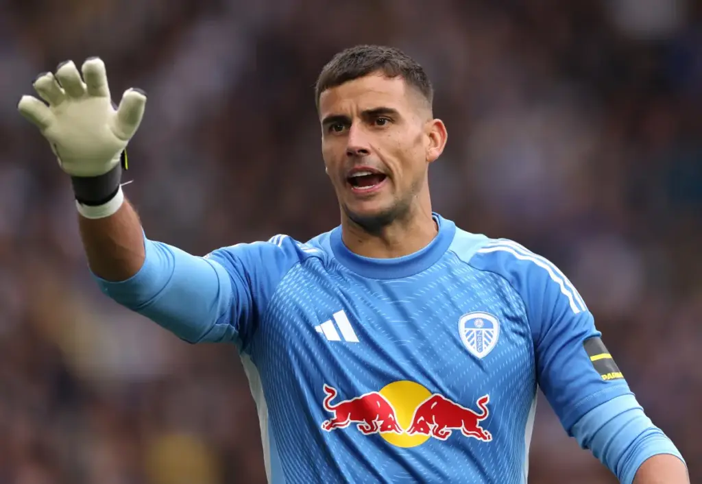 Karl Darlow gestures to his Leeds United team-mates during a game