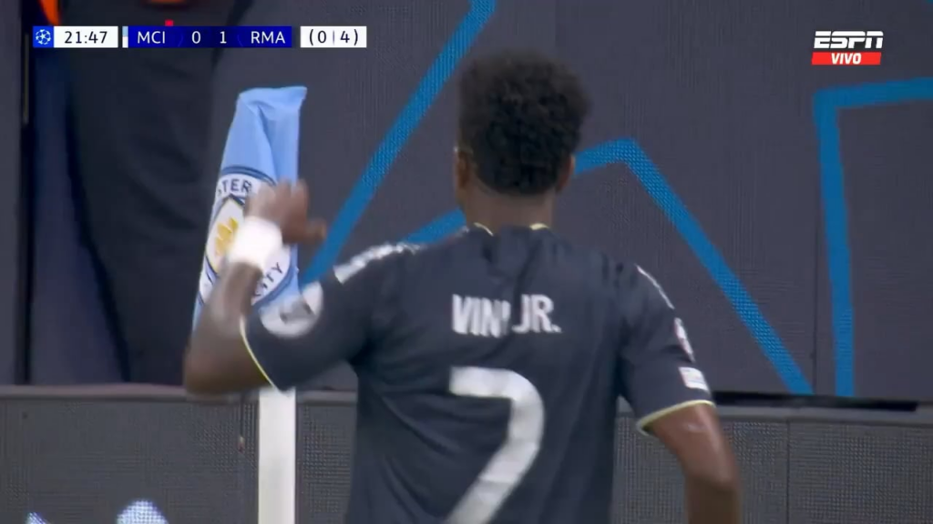 Vinicius Jr doing the "Cry Cry" celebration vs Manchester City
