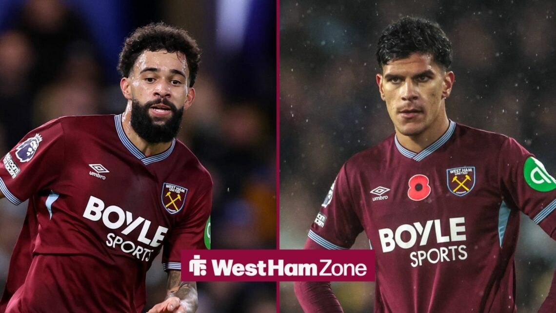 Pablo Felipe of West Ham during the Chelsea vs West Ham United Premier League match, Mateus Fernandes of West Ham United during the Premier League ...