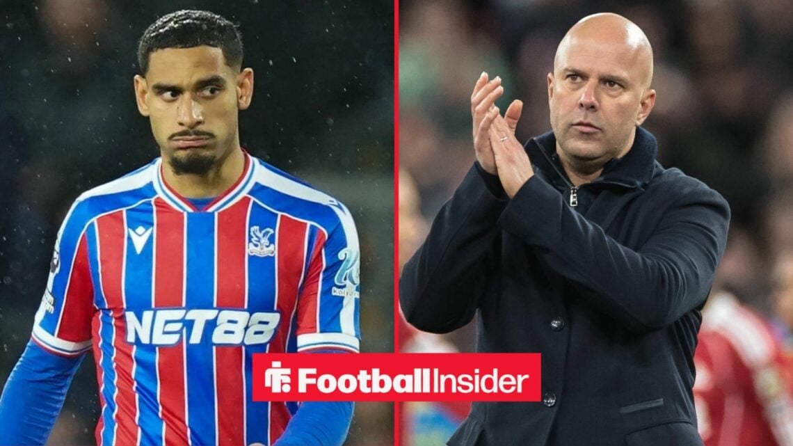Crystal Palace defender Maxence Lacroix glances across a split image towards Liverpool manager Arne Slot, who applauds after a game.
