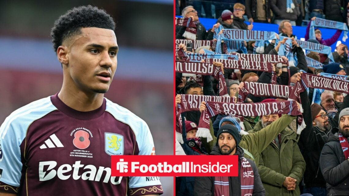Aston Villa striker Ollie Watkins stares across a split image towards the fans, who hold scarves aloft in the stands.