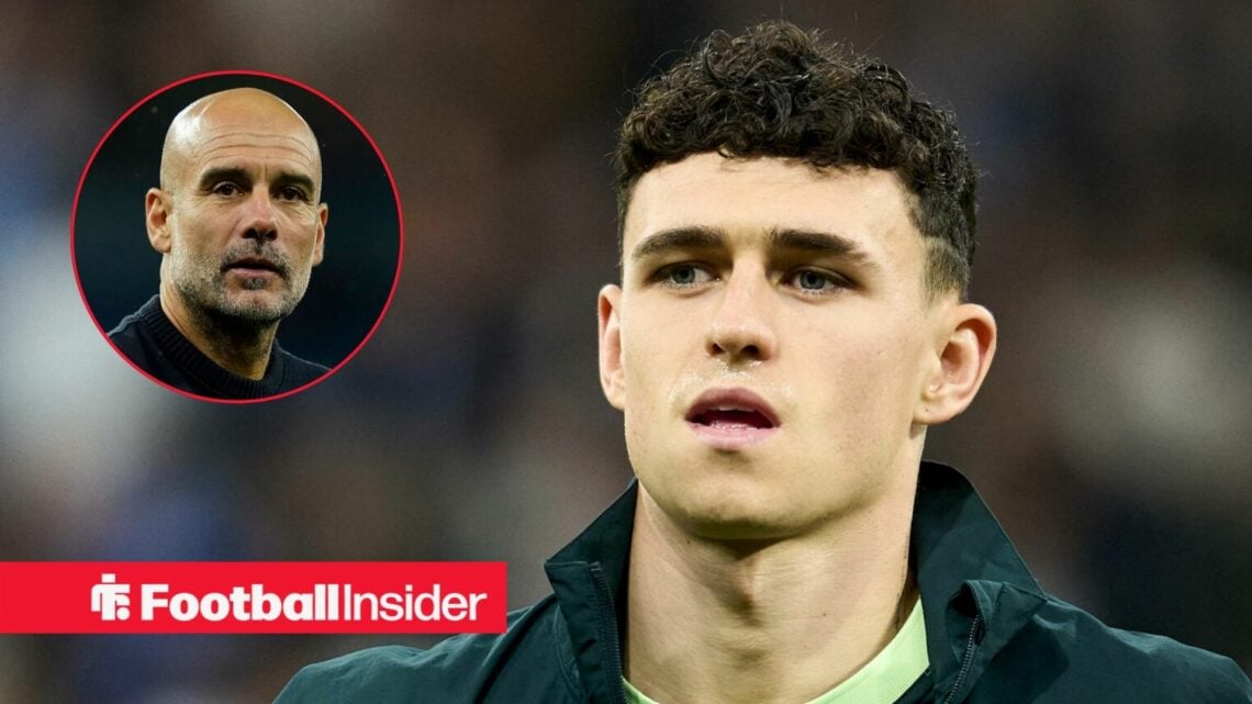 Phil Foden pre-match for Man City, with Pep Guardiola in a circular inset