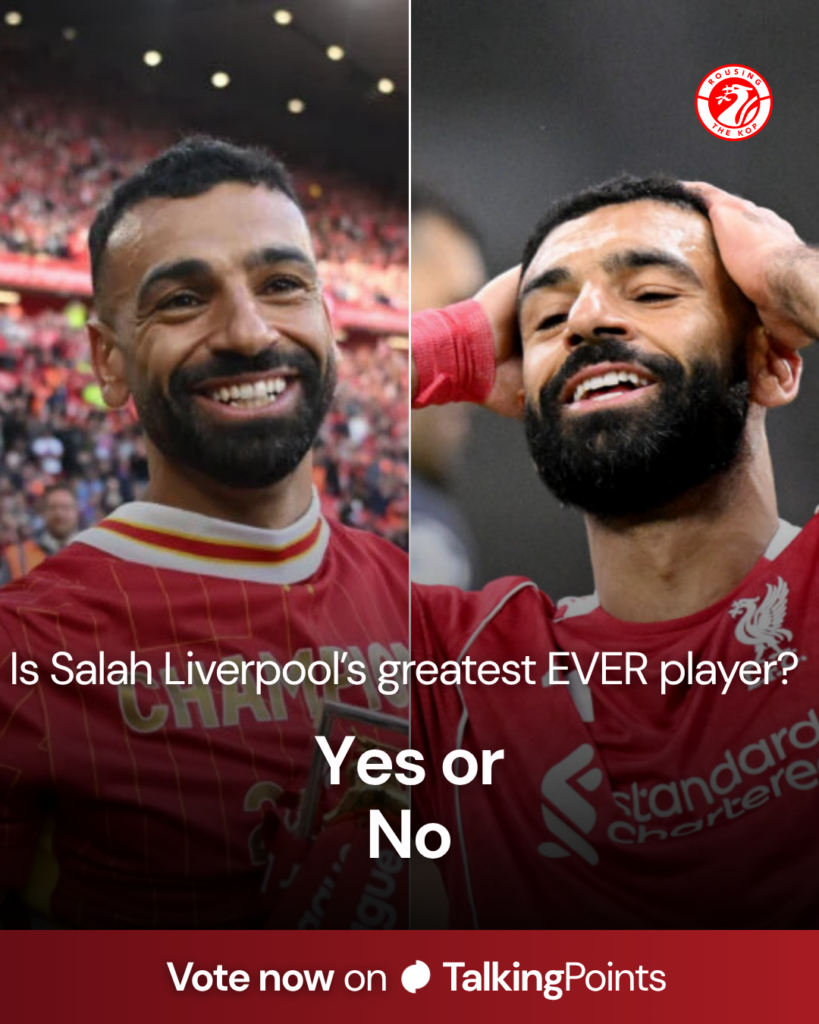 Mohamed Salah reacts after missing a chance during Liverpool's UEFA Champions League match against Marseille at the Stade Velodrome (Credit: Getty Images/Stuart Franklin - UEFA). Mohamed Salah poses with the Premier League trophy at Anfield (Credit: Getty Images/Michael Regan).