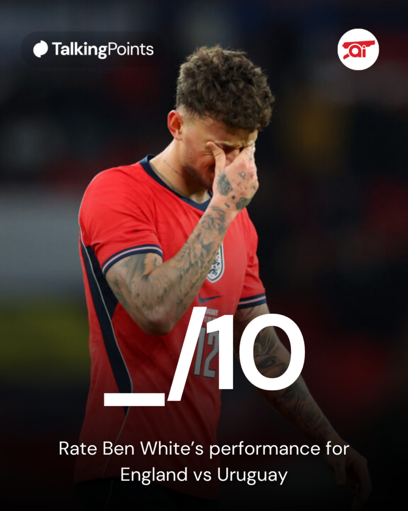 Image of Ben White looking dejected during an England game, overlaid a question asking fans to rate his performance out of 10