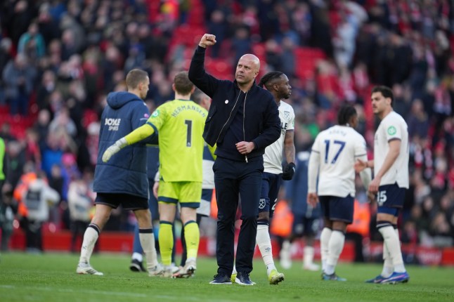 Liverpool's manager Arne Slot walks off the pitch after the Premier League soccer match between Liverpool and West Ham United in Liverpool, England, Saturday, Feb. 28, 2026. (AP Photo/Jon Super)