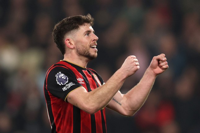 BOURNEMOUTH, ENGLAND - MARCH 20: Ryan Christie of AFC Bournemouth celebrates scoring his team's first goal during the Premier League match between Bournemouth and Manchester United at Vitality Stadium on March 20, 2026 in Bournemouth, England. (Photo by Warren Little/Getty Images)