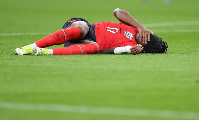 LONDON, ENGLAND - MARCH 27: England's Noni Madueke sustains an injury during the international friendly match between England and Uruguay at Wembley Stadium on March 27, 2026 in London, England. (Photo by Rob Newell - CameraSport via Getty Images)