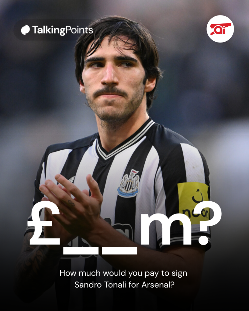 Image of Sandro Tonali applauding Newcastle fans, overlaid a fill in the blank style fee, asking Arsenal fans how much they would pay to sign him