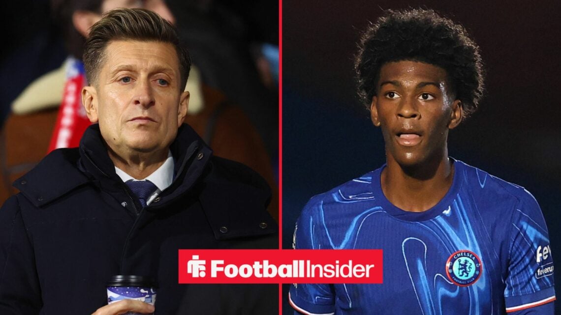 Crystal Palace chairman Steve Parish looks across a split image towards Chelsea defender Josh Acheampong.