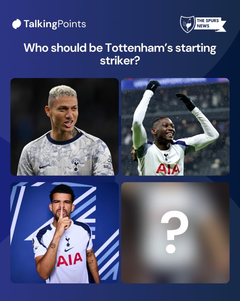 Richarlison of Tottenham Hotspur looks on during warm up for the Carabao Cup Third Round. Dominic Solanke of Tottenham Hotspur poses for a portrait during the official UEFA Champions League. Randal Kolo Muani of Tottenham Hotspur celebrates scoring his team's first goal during the UEFA Champions League.