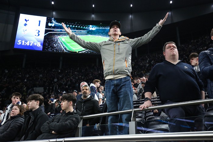 A Tottenham fan stands on his seat holding his arms up in the air with a big screen in the background