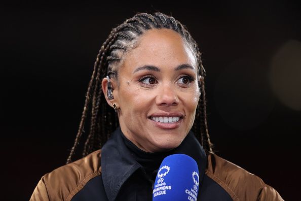 MANCHESTER, ENGLAND - MARCH 25: ESPN UWCL presenter Alex Scott during the UEFA Women's Champions League 2025/26 Quarter-finals First Leg match between Manchester United FC and FC Bayern M&uuml;nchen at Old Trafford on March 25, 2026 in Manchester, England.
